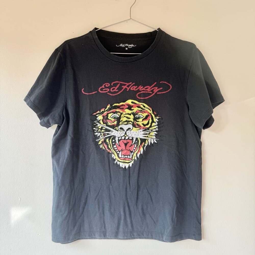 Ed Hardy Y2K Tiger Tee Size M Black Rhinestone